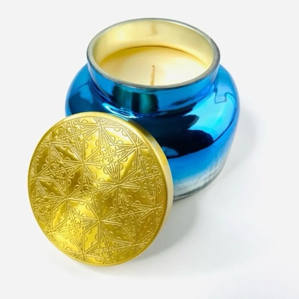 Anthropologie Blue Ombre Capri Blue Volcano Large Glass Lidded Jar Candle NWT